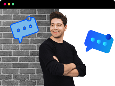 Smiling man standing with crossed arms, surrounded by chat bubbles.