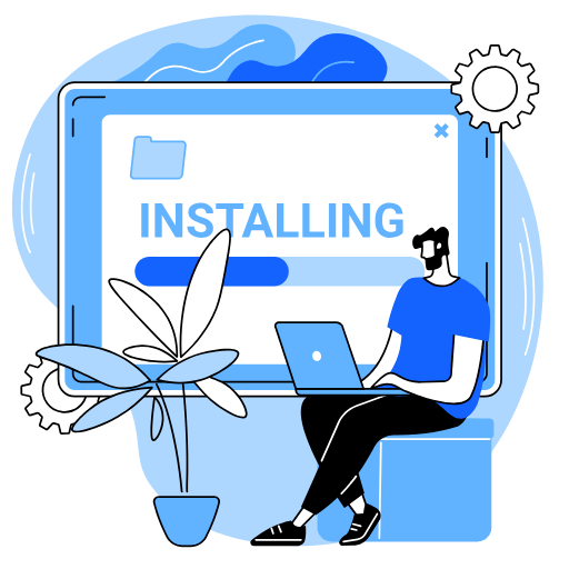 Illustration of a person using a laptop with an 'Installing' progress bar on a screen in the background.