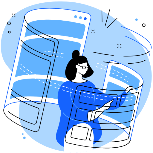 Illustration of a person interacting with multiple web interface screens.