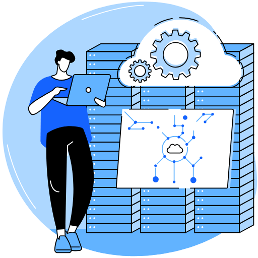 Illustration of a person managing cloud servers with a diagram and gears.