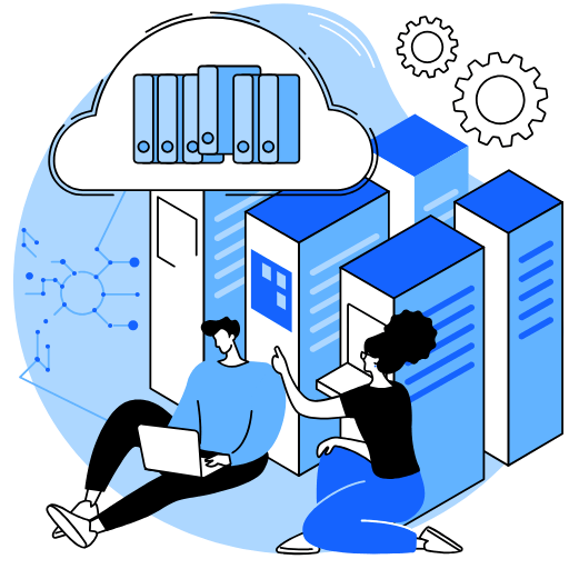 Illustration of two people discussing cloud hosting services in front of a server room.