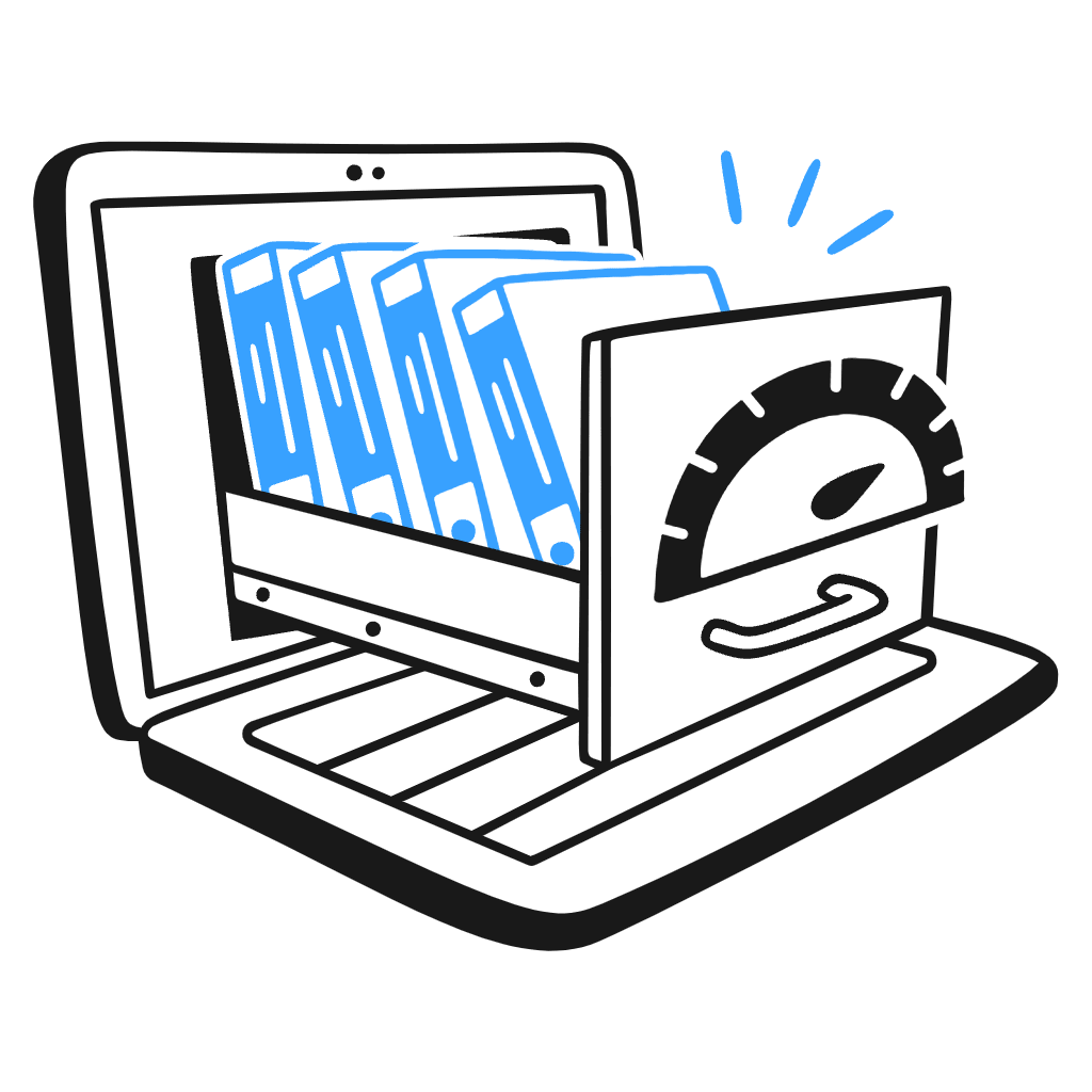 Illustration of organized digital file storage with blue folders emerging from a drawer inside a laptop.