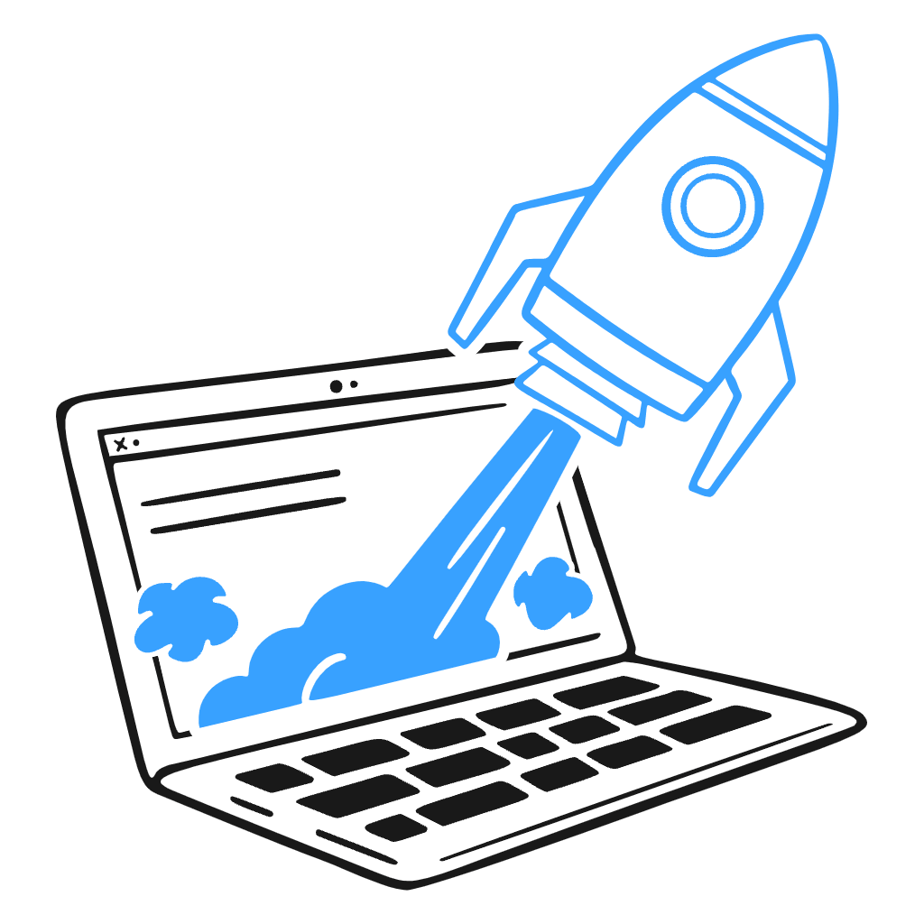 Illustration of a rocket launching from a laptop, symbolizing fast VPS performance and reliable hosting.