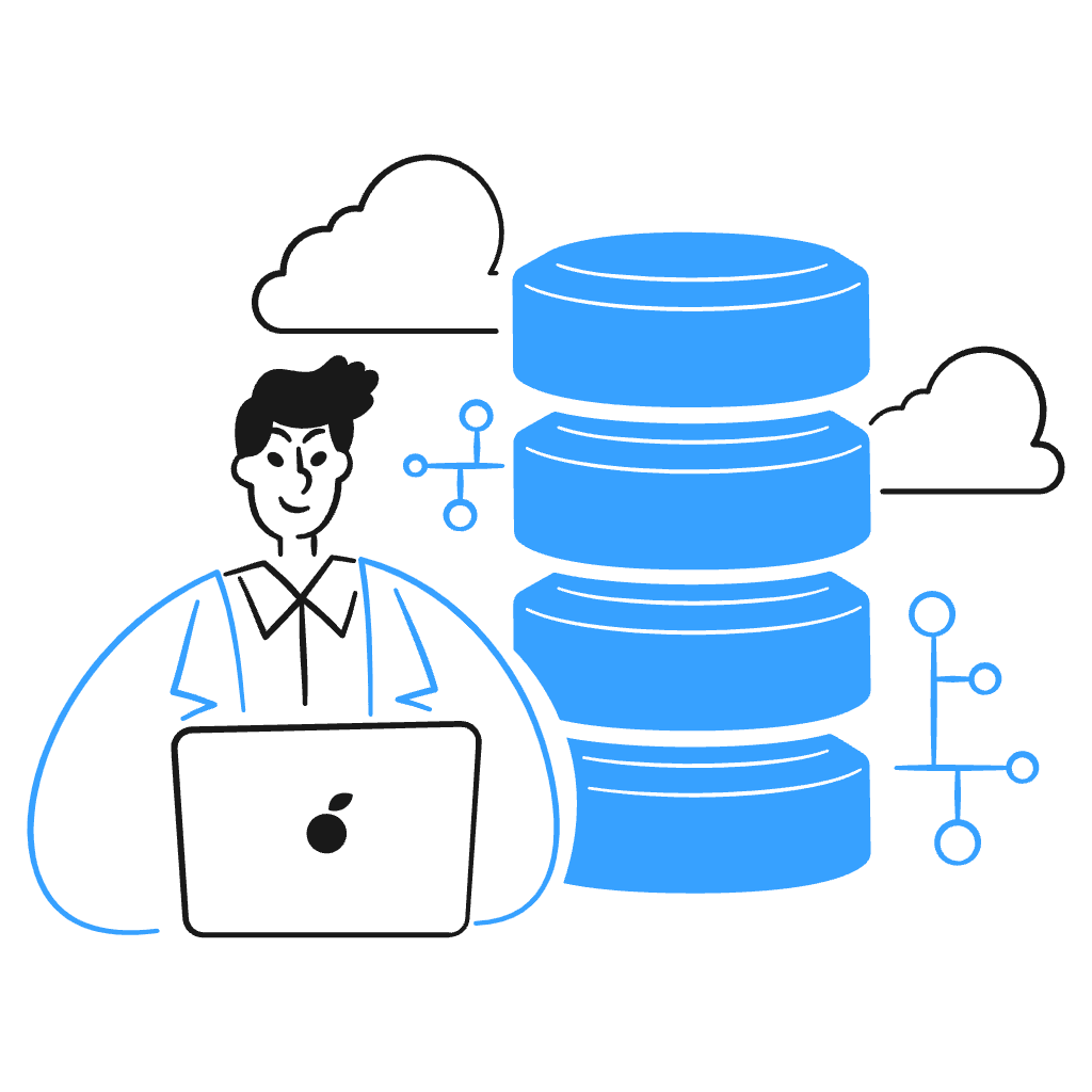 Illustration of a VPS hosting solution showing a person managing servers with cloud integration and data storage.