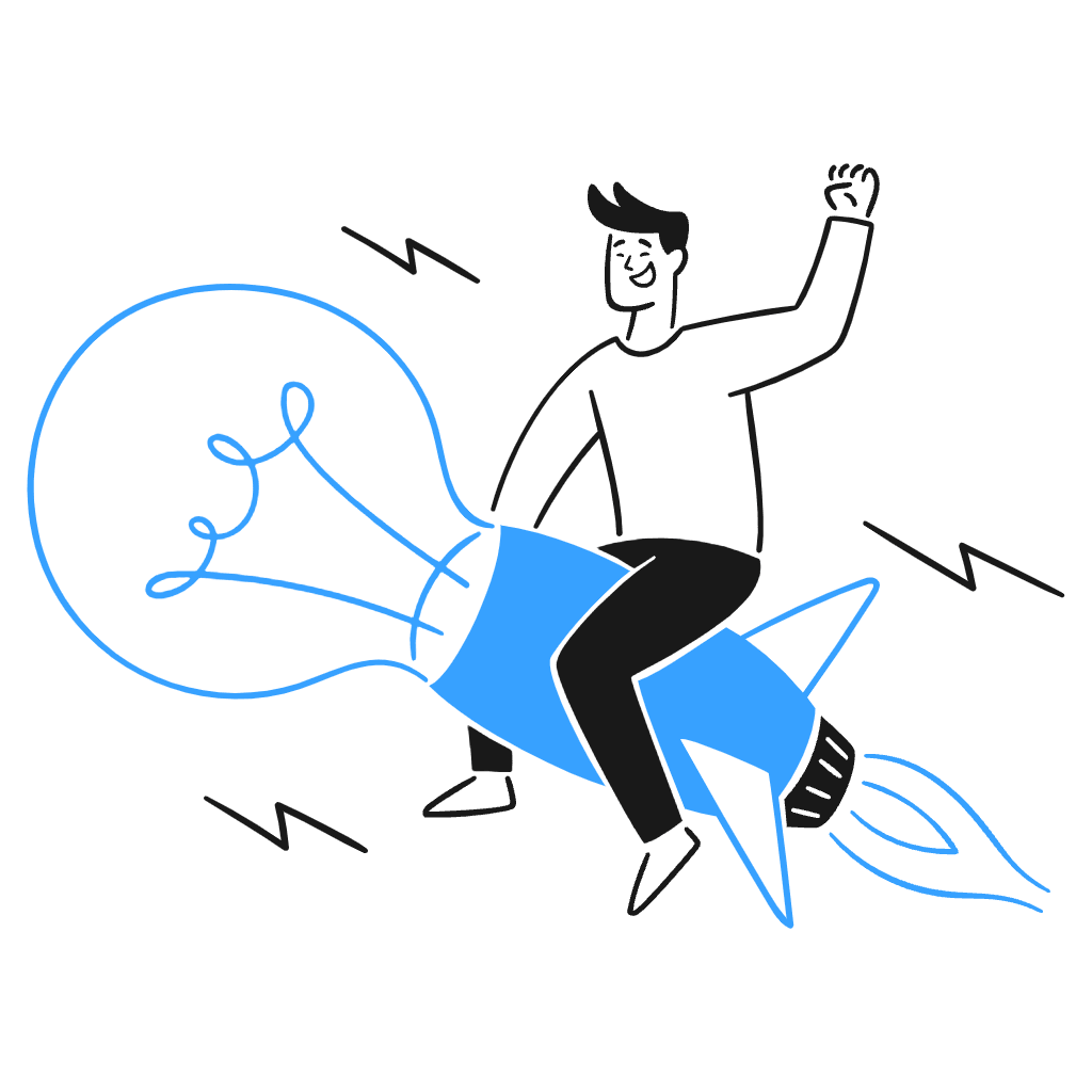 Illustration of a person riding a rocket-shaped lightbulb, symbolizing innovation and fast hosting solutions by Hostyt.